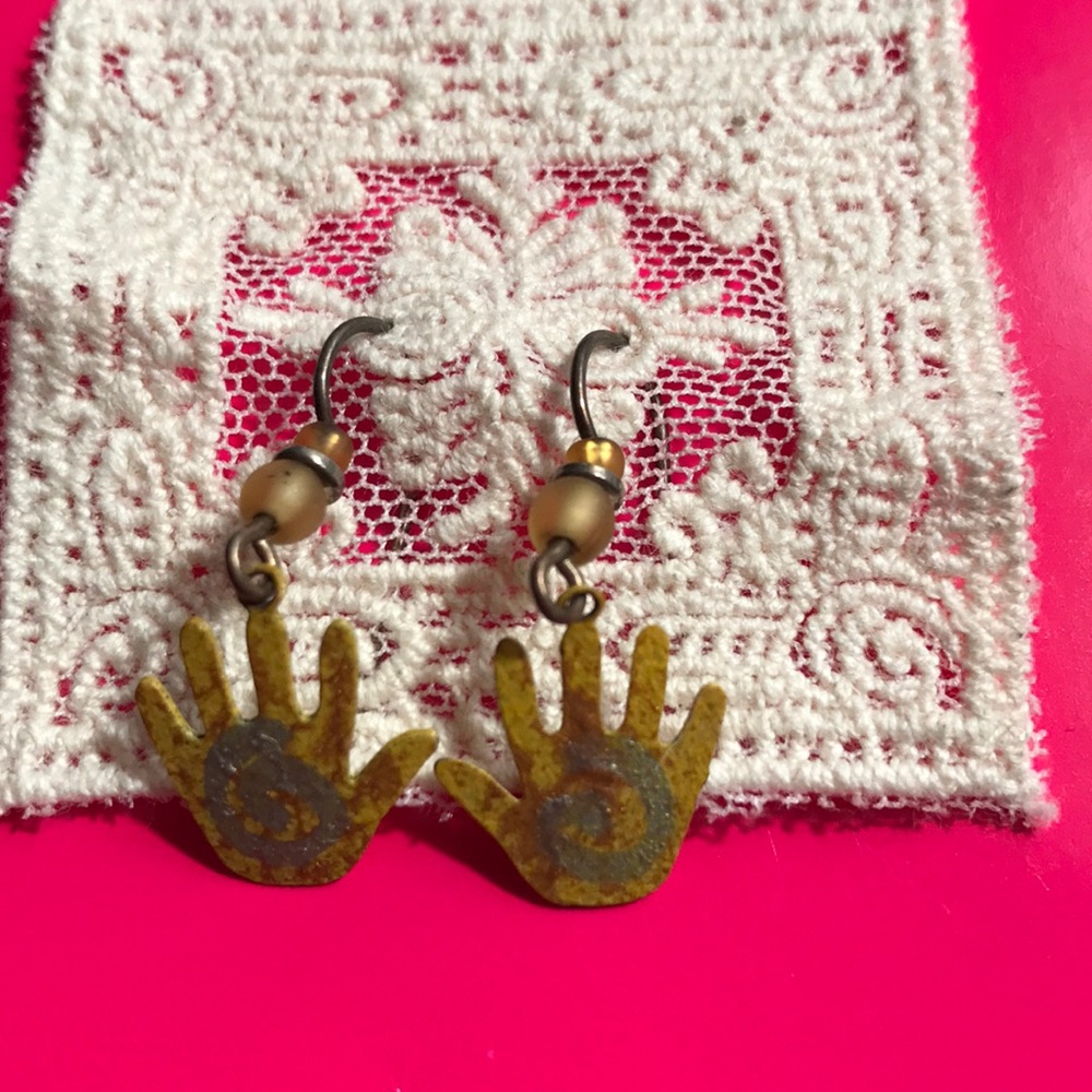 Artisan Crafted Yellow hand dangle earrings